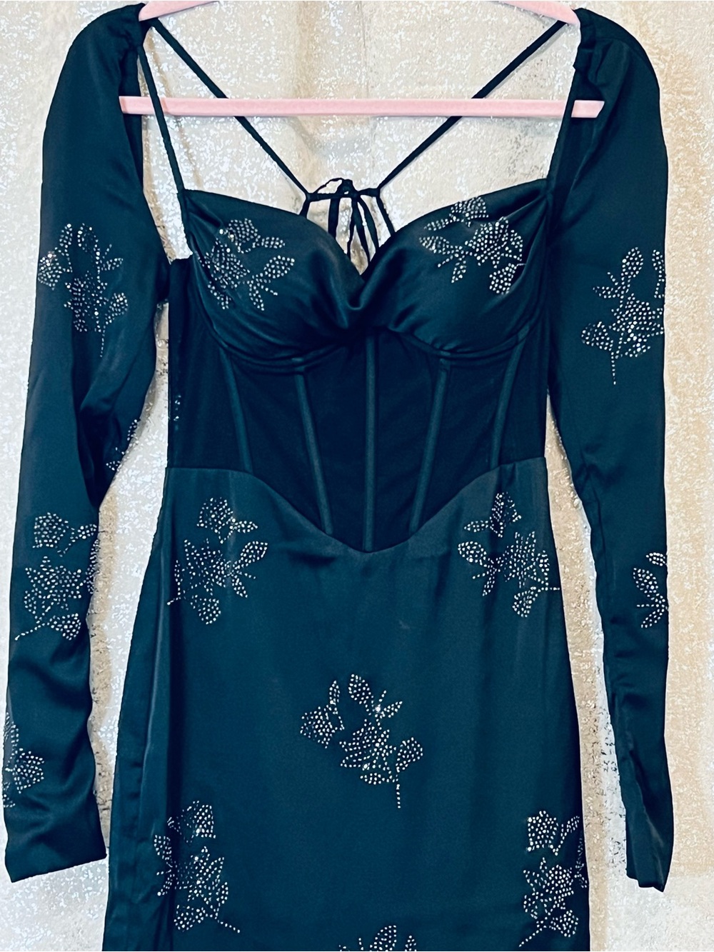 Unique OH POLLY Satin Black Mini-Dress-Boned Bodice-Long Sleeve-Crystal Accents